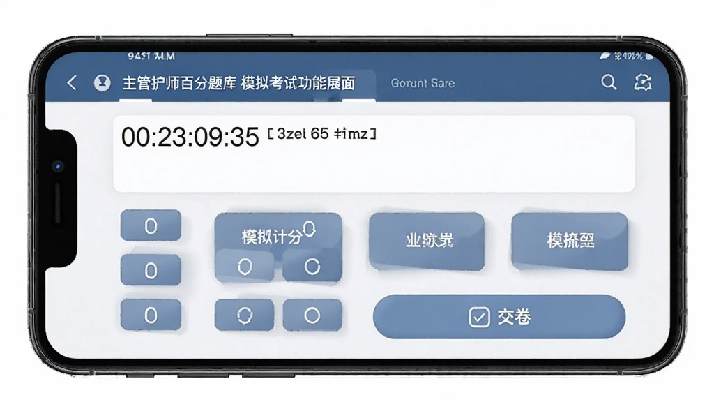 主管护师百分题库 模拟考试功能界面展示 主体是手机屏幕 屏幕内显示考试倒计时和答题卡 上方是题目区域 下方是选项按钮 底部有交卷按钮 布局清晰 风格严肃专业 细节按钮圆润 画质干净 无多余元素