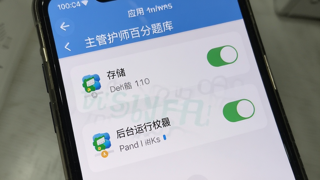 主管护师百分题库 手机设置权限界面展示 主体是手机屏幕 屏幕内显示应用权限管理页面 包含存储权限和后台运行权限开关 布局清晰 风格系统原生 细节图标简洁 画质干净 无多余元素