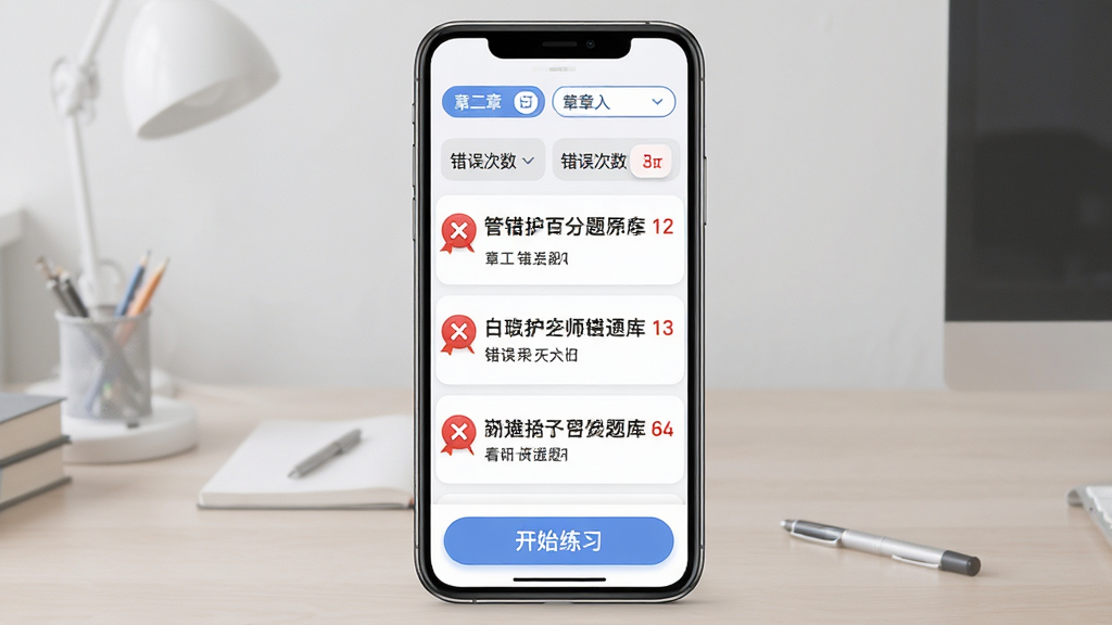 主管护师百分题库 错题本功能界面展示 主体是手机屏幕 屏幕内显示错题列表 每道题左侧有红色错误标记 右侧显示错误次数 顶部有章节筛选和错误次数筛选按钮 底部有开始练习按钮 布局清晰 风格简洁 细节图标圆润 画质干净 无多余元素