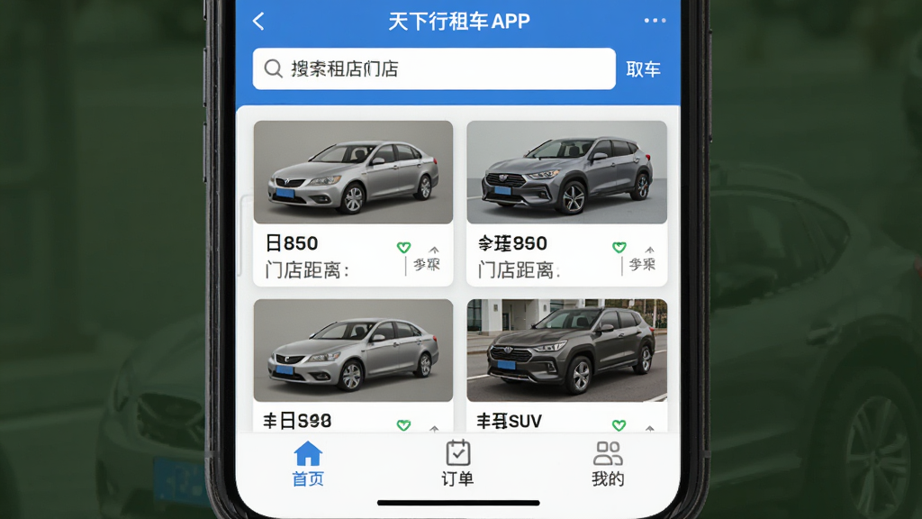 �������⳵APP��ҳ�����ͼ���ֻ���Ļ��ʾ�⳵������ҳ�棬���������������ȡ���ŵ꣬�м�չʾ���Ϳ�Ƭ���������ͽγ���SUV��ÿ�ſ�Ƭ��ע�������ŵ���룬�ײ�����������ҳ���������ҵ�����ѡ�������������ɫΪ���������������࣬����ִ���ƽ�������ʸɾ��޶���Ԫ��