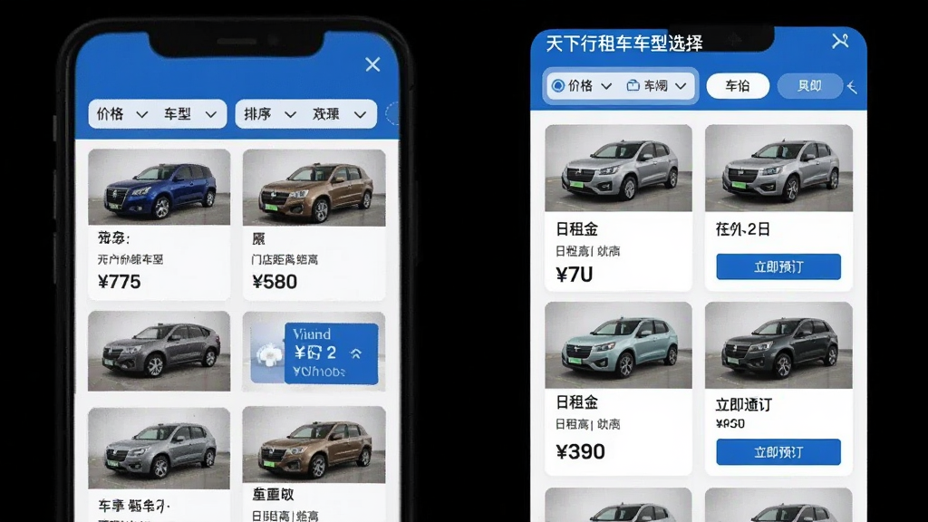 �������⳵����ѡ��ҳ�棬�ֻ���Ļչʾ������Ƭ�б���ÿ�ſ�Ƭ�����������ͼ���������ơ������۸��ŵ���������Ԥ����ť��������ɸѡ���ɰ��۸�ͳ������򣬽��������ˣ�������ɫ�����ʸɾ��޶���Ԫ��