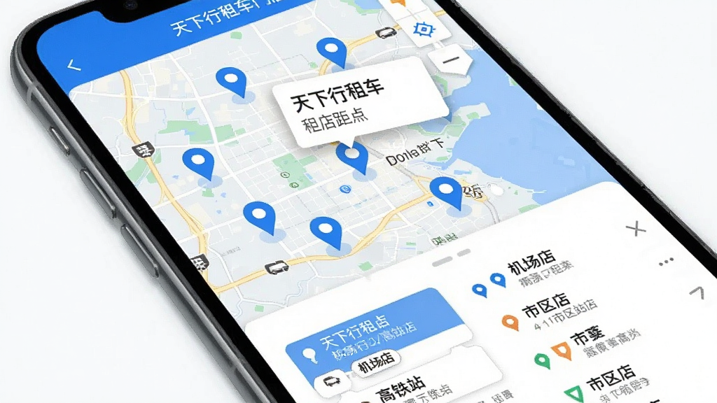 �������⳵�ŵ�ֲ���ͼ���棬�ֻ���Ļ��ʾ���е�ͼ�϶����ɫ��λ��Ǵ����⳵���㣬�����ǵ����ŵ����ƺ;�����Ϣ����ͼ�·��г������ŵ��б��������������վ��������꣬��������ˬ��������ɫΪ�������������ɾ��޶���Ԫ��