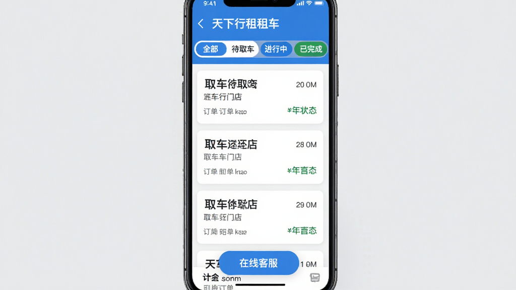 �������⳵�����������棬�ֻ���Ļ��ʾ�����б���ÿ��������Ƭ��עȡ���ŵ껹���ŵ�ȡ��ʱ��Ͷ���״̬��������ȫ����ȡ�������������ɸѡ��ǩ���ײ������߿ͷ�������ť�����沼�ֺ�����������ɫ�����ʸɾ��޶���Ԫ��