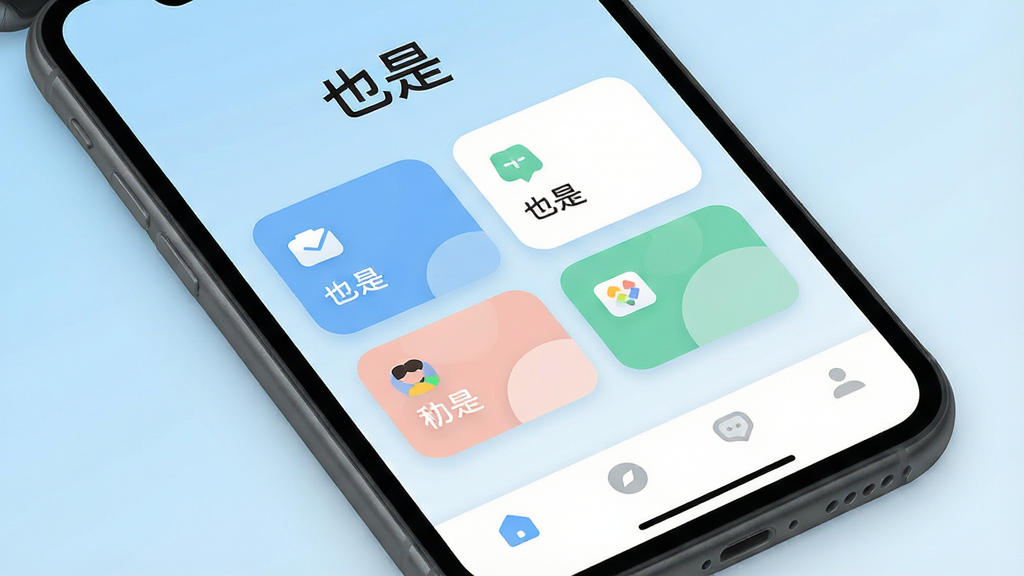 һ���ֻ���Ļ��д����Ļ��չʾ��Ҳ�ǡ�App����ˬ�����棬�����С�Ҳ�ǡ����ֱ�ʶ���м��ǹ��ܿ�Ƭʽ���֣��ײ���������࣬����Ϊ����ɫ���䣬�������ִ���ƽ��ϸ��Բ�󣬻��ʸɾ��޶���Ԫ��