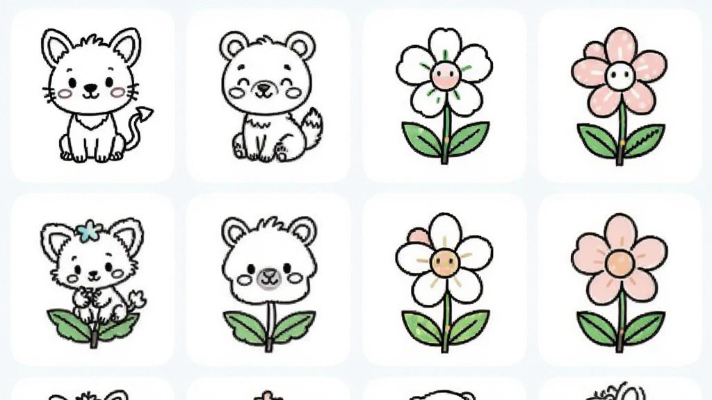 我的画画世界 涂色模板选择界面 展示多张卡通线稿缩略图 包括小动物和花朵图案 布局为网格排列 风格清新活泼 细节清晰 画质干净 无多余元素