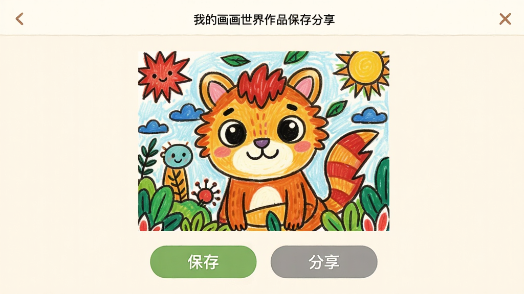 我的画画世界 作品保存分享界面 展示一张完成的彩色涂色作品 下方有保存和分享按钮 布局直观 风格温馨 细节清晰 画质干净 无多余元素