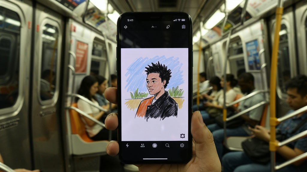 我的画画世界 离线使用场景 手机屏幕显示绘画界面 背景是地铁车厢 布局突出手机屏幕 风格生活化 细节自然 画质干净 无多余元素