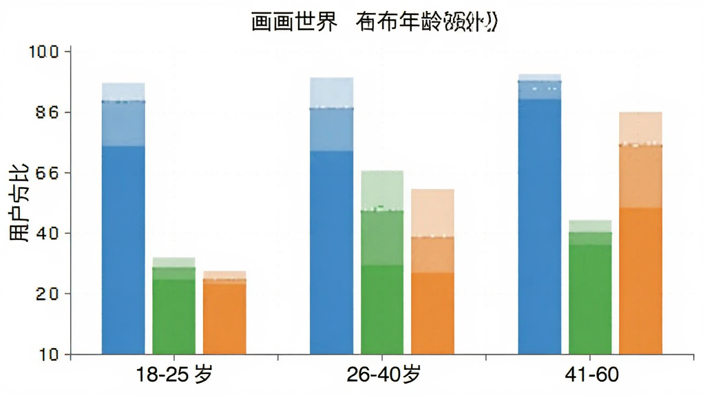 我的画画世界 用户年龄分布柱状图 横轴为年龄段18-25岁 26-40岁 41-60岁 纵轴为用户占比 柱状颜色分别为蓝色 绿色 橙色 布局清晰 风格简洁 数据直观 画质干净 无多余元素