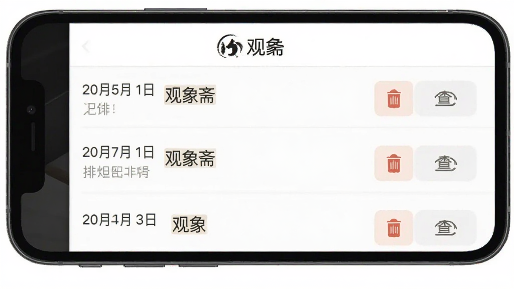 一张观象斋排盘记录保存界面的图片,画面中手机屏幕显示排盘历史记录列表,每条记录包含日期和排盘类型标签,屏幕顶部有观象斋的文字标识,界面以白色和浅灰色为主色调,列表项右侧有删除和查看按钮,整体布局清晰,风格简约,画质干净,无多余元素
