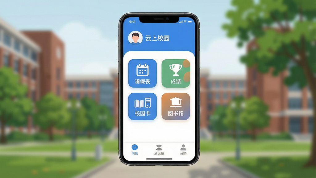 画面主体是一部智能手机,屏幕上清晰展示着“云上校园”App的主界面,界面以蓝白色调为主,布局简洁,顶部显示用户头像和姓名,中间区域排列着课表、成绩、校园卡、图书馆等几个圆角矩形功能图标,底部是消息、通讯录和我的三个选项卡。手机背景是虚化的大学校园场景,有教学楼和绿树。整体风格现代扁平化,细节圆润,画质干净清晰,无多余元素。