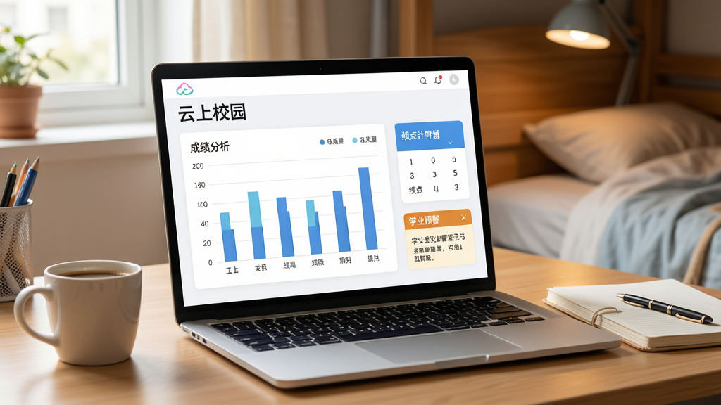 画面主体是一台打开的笔记本电脑,屏幕上显示着“云上校园”App的成绩分析页面,有柱状图展示各科成绩,旁边有绩点计算器和学业预警提示框。电脑旁边放着一杯咖啡和一本笔记本,背景是温馨的宿舍书桌环境。风格清新自然,画质干净,无多余元素。