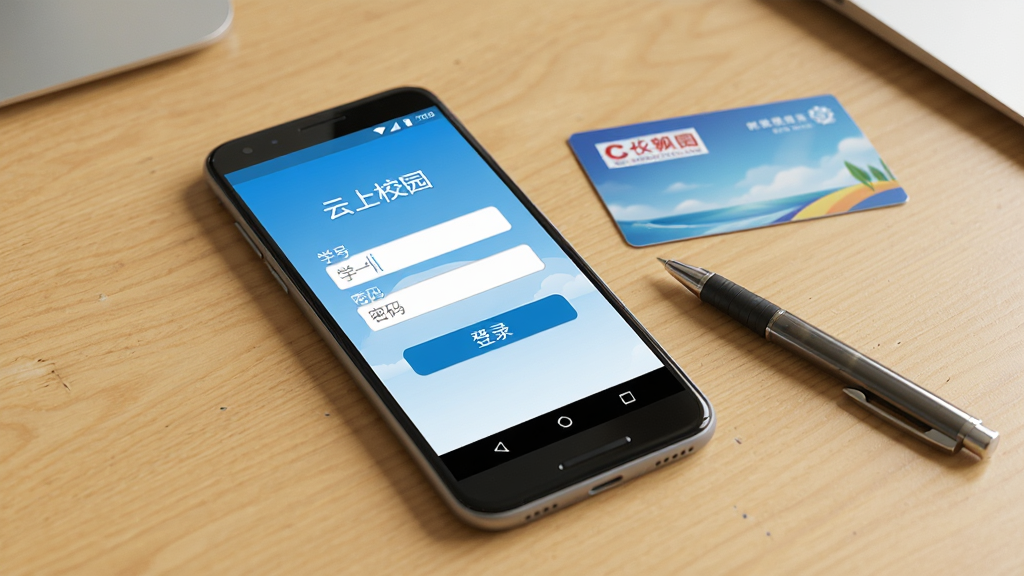 一部安卓手机放在桌面上,屏幕显示“云上校园”App的登录界面,界面有学号输入框和密码输入框,下方有登录按钮。手机旁边有一张校园卡和一支笔,背景是干净的书桌。风格写实,画质清晰,无多余元素。