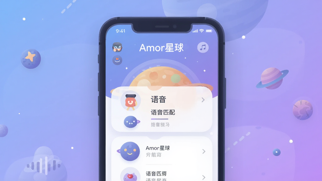 Amor星球 语音社交App界面展示 主界面布局 语音匹配房间列表 温暖星球主题 扁平化设计风格 柔和蓝紫渐变配色 细节圆润 画质干净 无多余元素