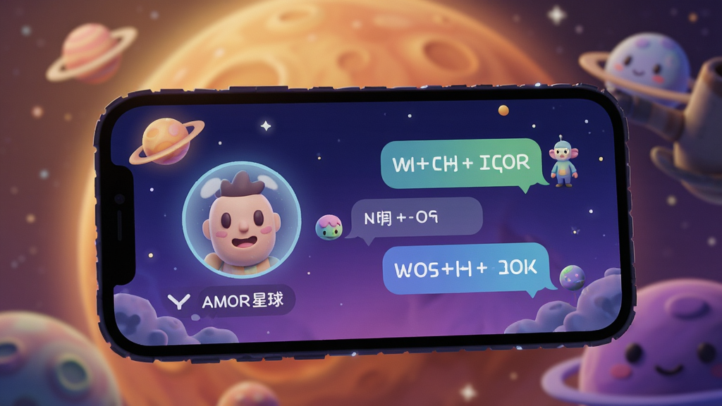 Amor星球 语音匹配界面 用户正在匹配聊天 手机屏幕展示 温暖星球背景 卡通风格 蓝紫色调 细节清晰 画质干净