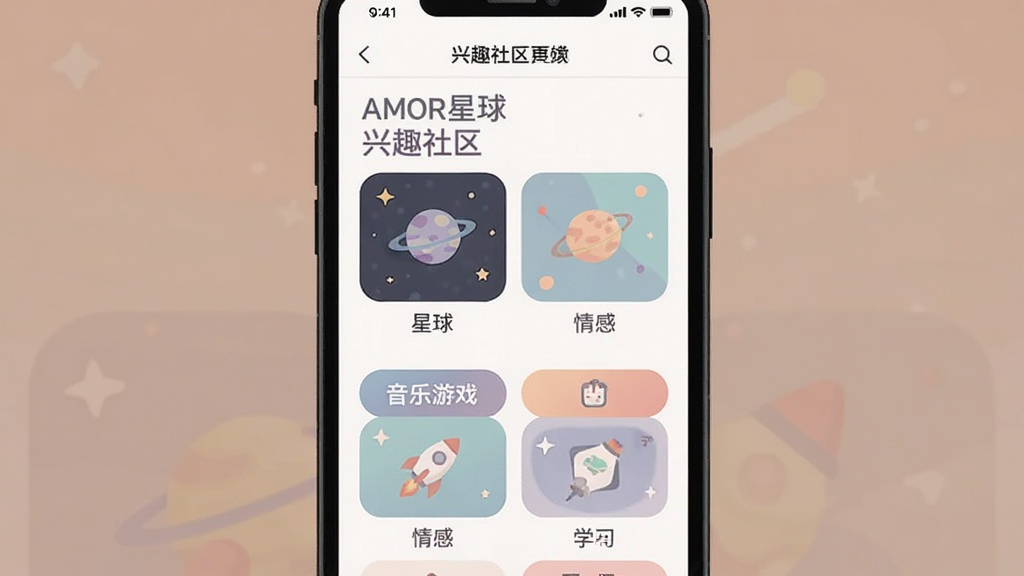 Amor星球 兴趣社区页面 多个星球分类展示 音乐游戏情感学习等标签 手机界面 扁平化设计 柔和配色 干净整洁