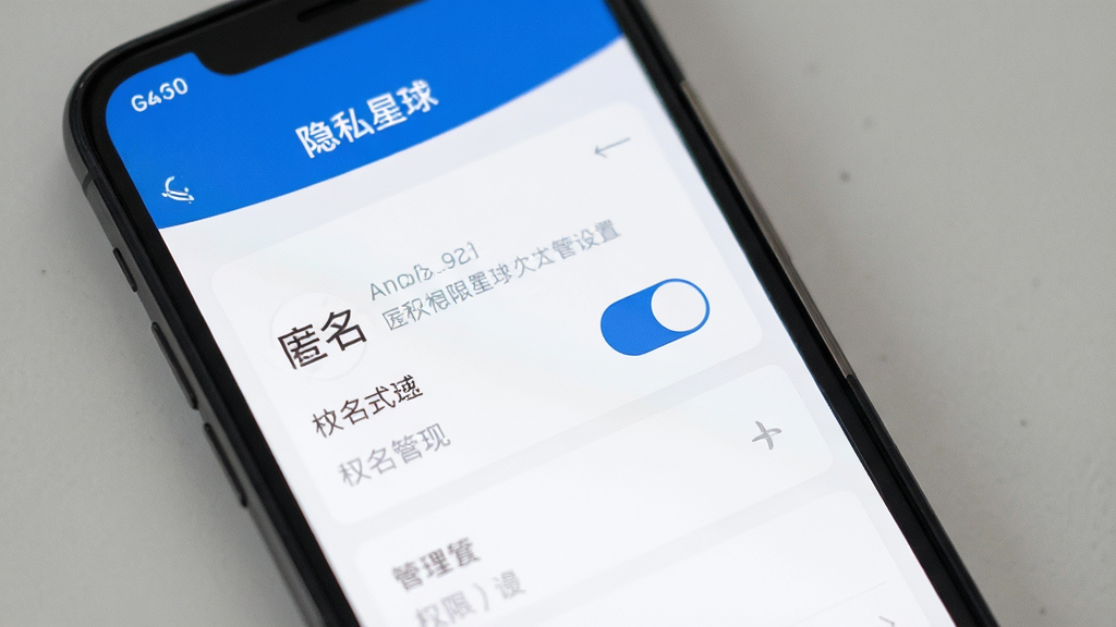 Amor星球 隐私设置界面 匿名模式开关 权限管理页面 手机屏幕展示 简洁设计 蓝白色调 干净无多余元素