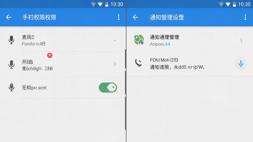 Amor星球 手机权限设置界面 麦克风权限开启 通知管理页面 安卓系统设置 简洁风格 蓝白配色 细节清晰