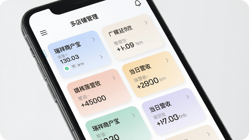 瑞祥商户宝多店铺管理界面展示,手机屏幕显示多个门店卡片式切换列表,每个门店卡片上有店铺名称和当日营收数据,界面风格简洁清爽,配色柔和,文字清晰可读,整体画质干净无多余元素