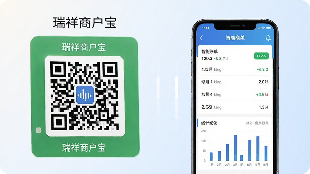 瑞祥商户宝功能展示图,画面左侧为聚合收款二维码特写,右侧为手机屏幕显示智能账单列表和统计图表,背景为简洁的浅色渐变,风格现代商务,细节清晰,文字标注
