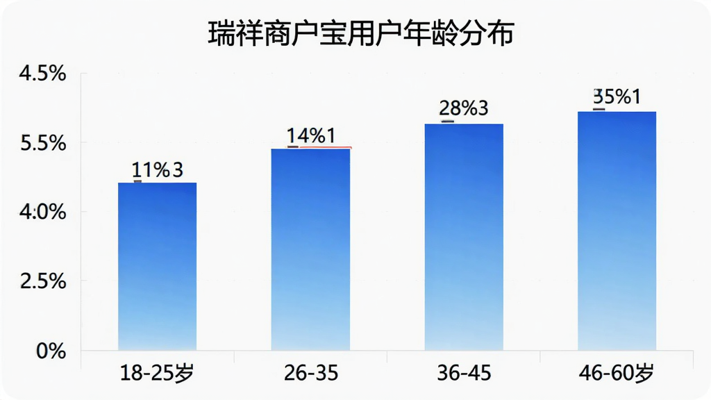 瑞祥商户宝用户年龄分布柱状图,横轴为年龄段18-25岁、26-35岁、36-45岁、46-60岁,纵轴为用户占比百分比,柱状颜色为渐变蓝色系,图表标题为