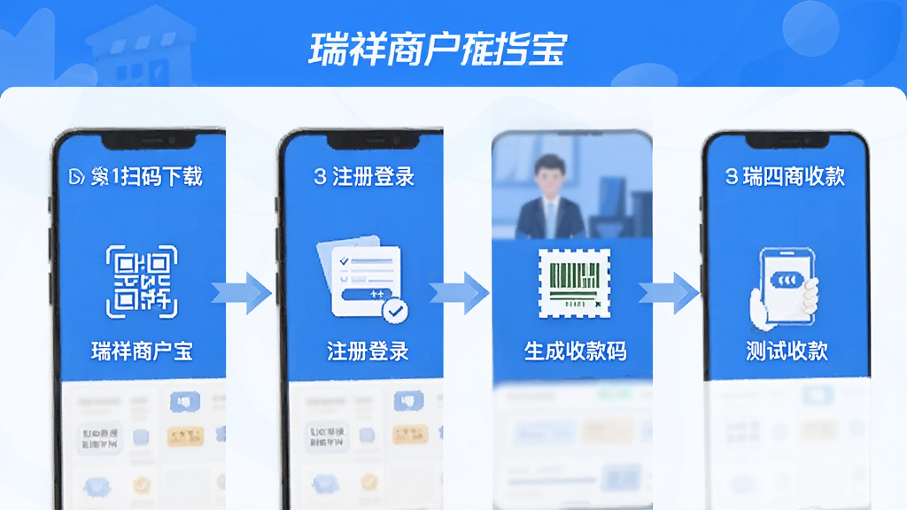 瑞祥商户宝新手操作指引图,画面展示手机屏幕分步操作流程,第一步扫码下载、第二步注册登录、第三步生成收款码、第四步测试收款,每步配有简洁图标和文字说明,整体风格扁平清新,配色以蓝白为主,画面干净整洁,文字标注