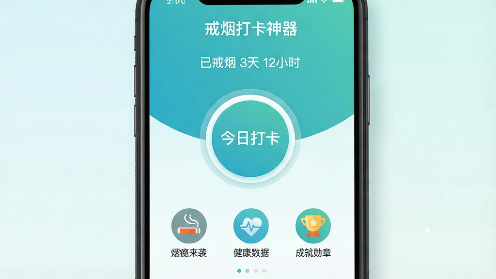 一张手机屏幕展示图,画面中央是“戒烟打卡神器”的应用主界面,主色调为清新的蓝绿色,界面顶部显示“已戒烟 3天 12小时”,中间有一个醒目的圆形“今日打卡”按钮,下方排列着“烟瘾来袭”、“健康数据”、“成就勋章”三个图标,背景是干净的浅色渐变,风格现代扁平,细节圆润,画质清晰,无多余元素