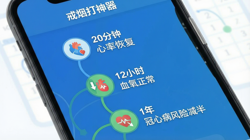 一张信息图表风格的手机界面,展示“戒烟打卡神器”的健康恢复时间轴页面,画面从上到下排列着多个里程碑节点,每个节点旁有图标和文字说明,如“20分钟 心率恢复”、“12小时 血氧正常”、“1年 冠心病风险减半”,设计简洁清晰,配色以蓝色和绿色为主,画质干净,无多余元素