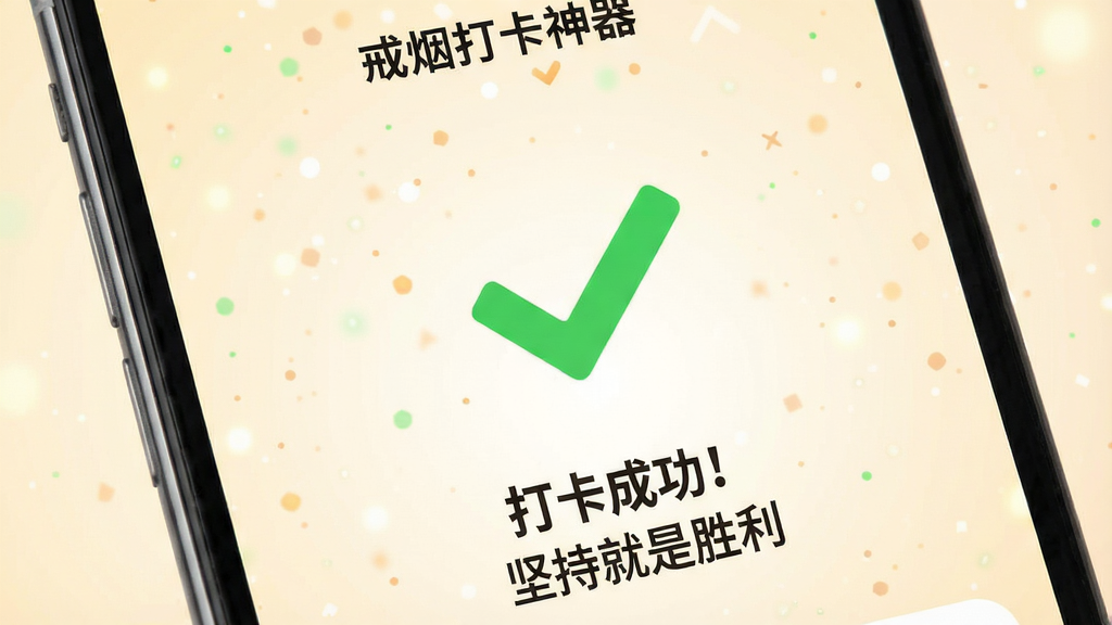 一张手机界面截图,展示“戒烟打卡神器”的打卡成功页面,画面中央是一个巨大的绿色对勾图标,下方写着“打卡成功!坚持就是胜利”,背景有淡淡的粒子飘落特效,整体色调明亮温暖,风格简约积极,画质干净,无多余元素