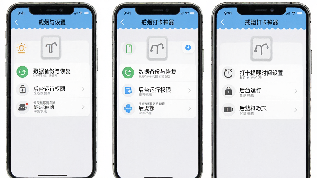一张手机界面示意图,画面展示“戒烟打卡神器”的设置页面,页面中有“数据备份与恢复”、“打卡提醒时间设置”、“后台运行权限”等选项,图标清晰,文字为中文,背景干净,风格简洁实用,画质清晰,无多余元素