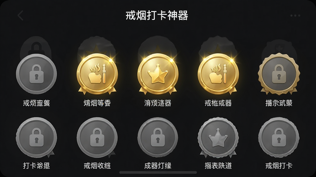 一张手机界面截图,展示“戒烟打卡神器”的成就徽章墙,画面中有多个圆形的徽章图标,有的已经点亮呈金色,有的还是灰色未解锁状态,每个徽章下方有对应的文字描述,背景是深色模式,徽章显得格外闪耀,风格精致有质感,画质干净,无多余元素