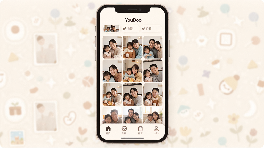 YouDoo应用主界面展示,画面中央是手机屏幕,屏幕内显示家庭共享相册与日程清单界面,布局为顶部家庭名称,中间九宫格照片墙,底部导航栏四个图标,风格温馨简约,细节圆润,画质干净,无多余元素,文字显示