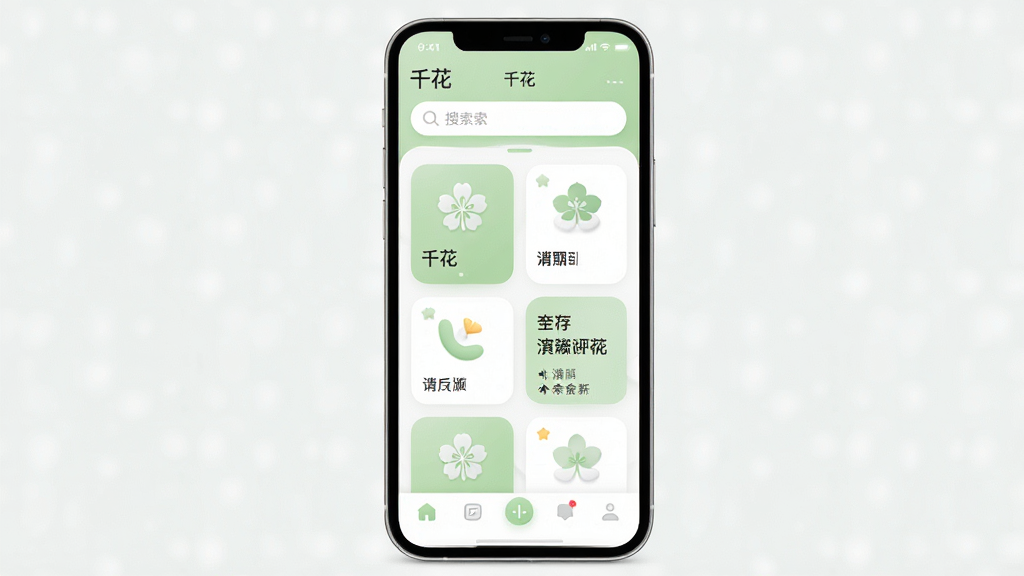 一张展示手机应用界面的图片,画面中央是“千花”应用的主页,布局简洁,顶部有搜索栏,中间是功能卡片式排列,底部为导航栏,风格清新现代,配色以浅绿和白色为主,细节圆润,画质干净,无多余元素