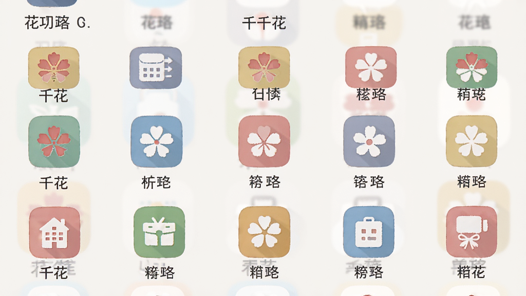 一张展示“千花”应用功能模块的图片,画面中多个功能图标整齐排列,每个图标下方有文字标签,界面背景为浅色,图标风格统一为扁平化,整体排版干净利落,画质清晰,无多余元素