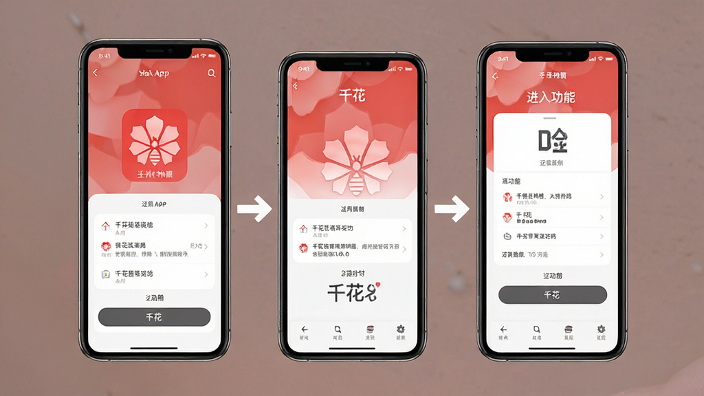 一张展示“千花”应用操作流程的图片,画面中手机屏幕上显示从打开应用到进入功能页面的过程,界面简洁,有箭头指示操作步骤,背景为纯色,风格现代,画质干净,无多余元素
