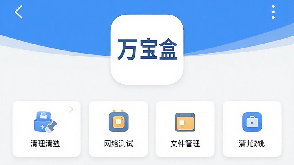 一张手机应用主界面的详细描述图,画面中央展示一个简洁的方形应用图标,图标上写着“万宝盒”三个字,图标下方是整齐排列的功能模块卡片,包括清理、网络测试、文件管理等图标,整体布局干净清爽,风格现代扁平化,蓝白配色为主,画质清晰,无多余元素