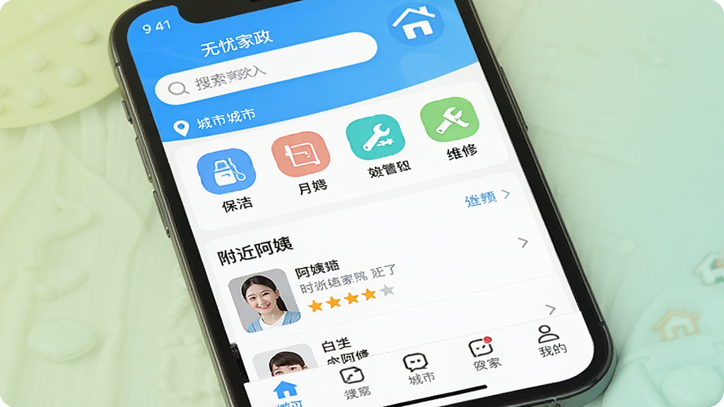 �ֻ���Ļչʾ�����Ǽ�����APP�����棬������������ͳ��ж�λ���м��Ǳ��ࡢ��ɩ��ά�޵ȷ���ͼ�꣬�·��Ǹ��������б������֣��ײ������������������������࣬����ִ���Լ�����ʸɾ��޶���Ԫ��