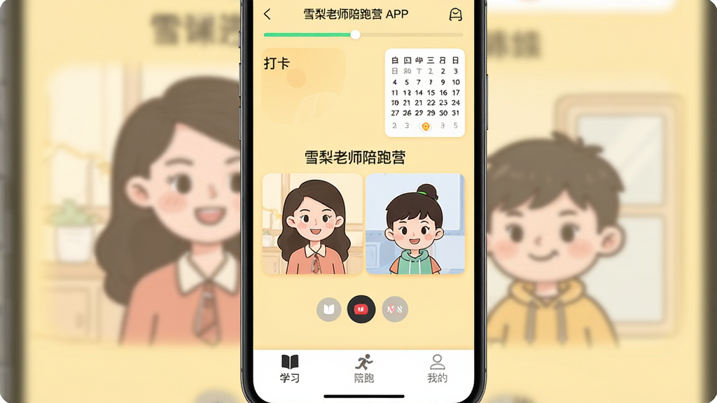 �ֻ���Ļ������ʾ��ѩ����ʦ����Ӫ��APP�����棬�����пγ̽������ʹ��������м�����ʦ��ѧ���������ܵĿ�ͨ�廭���ײ��������С�ѧϰ���������ܡ������ҵġ�����ͼ�꣬��������ů�ĵ���ɫ�������������£����ʸɾ����޶���Ԫ�أ��������������ֺ���