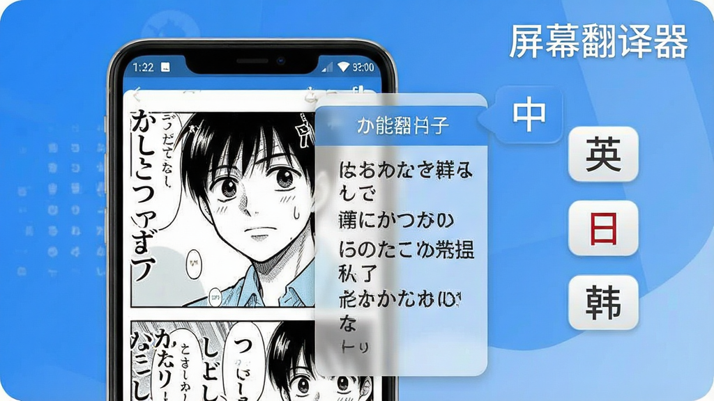 一张功能展示图,画面中是一部安卓手机,手机屏幕上显示着日文漫画页面,屏幕右侧有一个半透明的翻译浮层,浮层内显示着对应的中文翻译,手机旁边有几个语言标签图标分别写着“中”“英”“日”“韩”,布局简洁,风格清爽,色调以蓝白为主,画质干净,画面中带有“屏幕翻译器”文字
