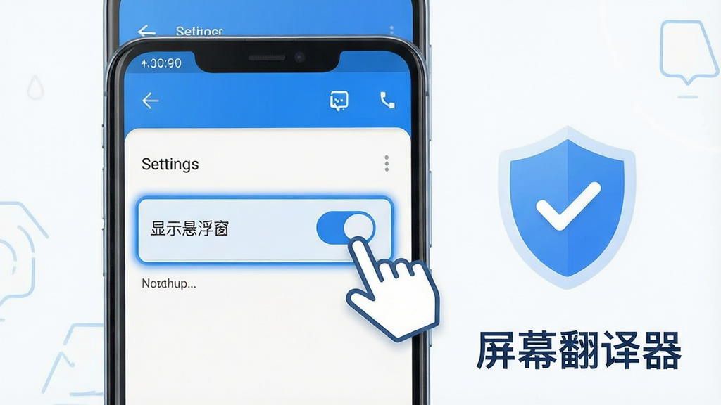 一张操作指引图,画面中是一部安卓手机,手机屏幕上显示着设置界面,界面中有一个被高亮标注的“显示悬浮窗”权限开关,开关旁边有一个手指点击的图标,手机旁边有一个盾牌形状的安全图标,整体布局清晰,风格简洁现代,色调以蓝白为主,画质干净无多余元素,画面中带有“屏幕翻译器”文字