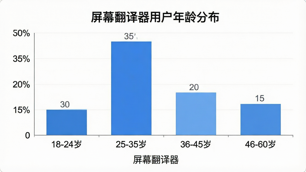 一张柱状图,标题为“屏幕翻译器用户年龄分布”,横轴标注年龄段“18-24岁”“25-35岁”“36-45岁”“46-60岁”,纵轴标注百分比,柱子高度分别显示约30%、35%、20%、15%,图表风格简洁现代,配色以蓝色系为主,背景干净,画质清晰,图表下方标注“屏幕翻译器”