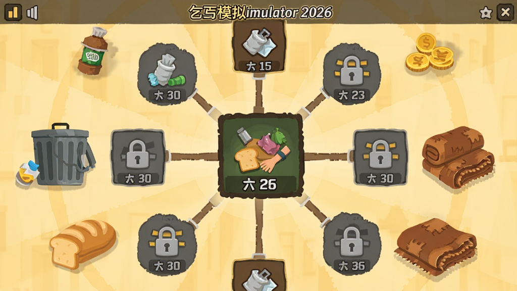 乞丐模拟器2026技能升级界面,展示流浪汉从翻垃圾桶到街头卖艺的成长路径,画面中央是技能树图标,周围环绕着废品、硬币、面包和旧毯子等元素,布局为圆形放射状,风格为扁平化插画,色调温暖,细节包括技能等级数字和锁定的灰色图标,画质清晰,无多余装饰