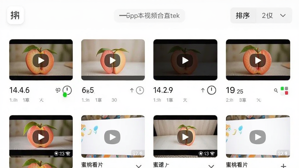 蜜桃看片App本地视频管理界面,列表展示多个视频文件缩略图、时长和大小信息,顶部有排序筛选按钮,背景干净整洁,图标清晰,整体风格清爽