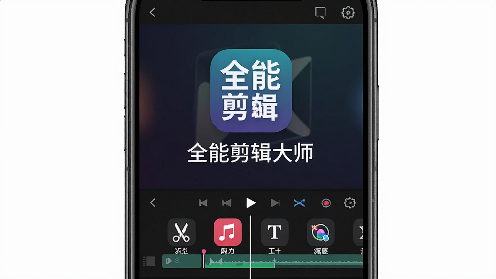 一张手机屏幕展示视频剪辑软件界面的图片,画面中央是「全能剪辑大师」的软件Logo和名称,下方排列着时间轴、剪刀、音乐、文字、滤镜等功能图标,背景是深色渐变,整体风格简洁现代,画质干净清晰,无多余元素