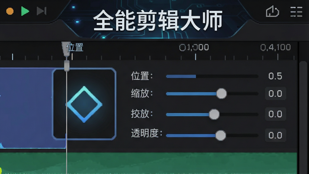 一张展示视频剪辑软件关键帧动画设置界面的图片,画面中时间轴上有一个菱形关键帧图标,旁边显示位置、缩放、透明度参数调节滑块,顶部有「全能剪辑大师」的软件标识,整体风格科技感强,画质干净无多余元素