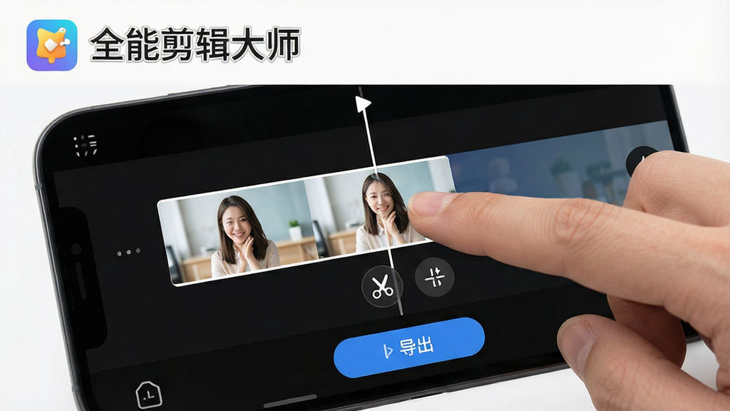一张展示手机视频剪辑软件操作界面的图片,画面中用户手指正在拖动时间轴上的视频片段,旁边有剪刀图标和分割按钮,底部显示导出按钮,顶部有「全能剪辑大师」的软件标识,整体风格简洁直观,画质干净无多余元素