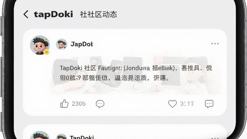 TapDoki ������̬����ҳ�棬�ֻ���Ļ��ʾ�û�������ͼ�Ķ�̬��Ƭ����Ƭ����ͷ���ǳơ��������ݺ͵�������ͼ�꣬�����ǵ���ɫ����ƬԲ����ƣ������Ű����룬����ִ���Լ�����ʸ��������
