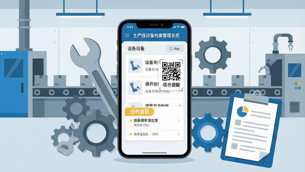 一张展示工厂车间数字化管理场景的图片,画面中央是一部智能手机,屏幕上清晰显示着“生产线设备档案管理系统”的应用界面,界面中有设备列表、二维码标签和保养提醒卡片,手机周围环绕着扳手、齿轮、记录板等工业元素,背景是干净整洁的现代化生产线,整体风格为现代扁平化插画,色彩以科技蓝和工业灰为主,细节丰富,画质清晰,无多余杂乱元素
