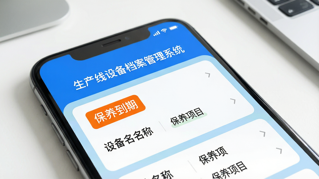 手机屏幕特写,显示“生产线设备档案管理系统”的保养提醒通知列表,通知卡片上用醒目的橙色标签标注“保养到期”,下方列出设备名称和保养项目,手机背景是干净的桌面,风格为现代UI设计展示,色彩鲜明,文字清晰,无杂乱元素