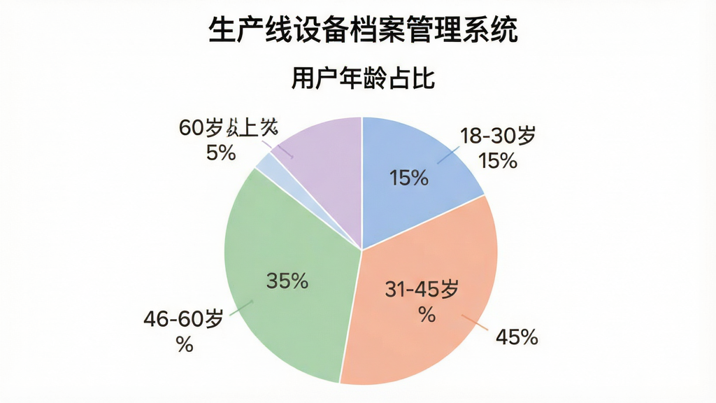 一张饼状图,展示“生产线设备档案管理系统”用户年龄分布,图表标题为“用户年龄占比”,饼图分为四个色块,分别标注“18-30岁 15%”、“31-45岁 45%”、“46-60岁 35%”、“60岁以上 5%”,图表风格简洁现代,色彩柔和,数据标签清晰,背景干净无多余元素