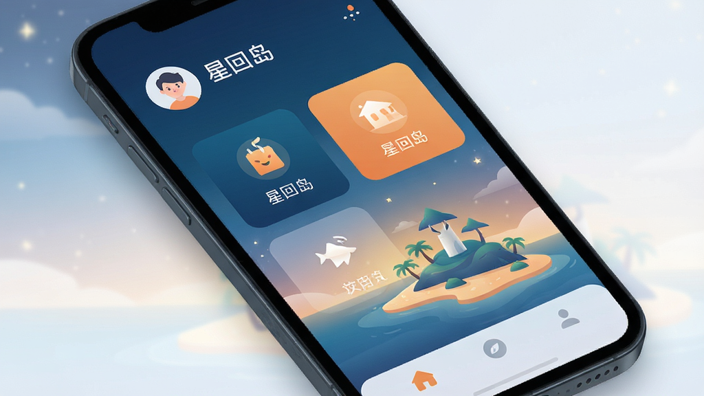 手机屏幕特写展示“星回岛”App主界面,界面布局简洁,顶部显示用户头像和昵称,中间是功能卡片区域,底部为导航栏,整体色调以深海蓝和暖橙色点缀,背景是柔和渐变的星空岛屿插画风格,画面干净无多余元素,高清画质,UI设计扁平化,文字清晰可读,整体氛围轻松治愈